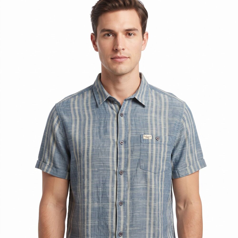 Weatherproof Vintage Mens Classic Blue Plaid Button Down Shirt Casual Linen